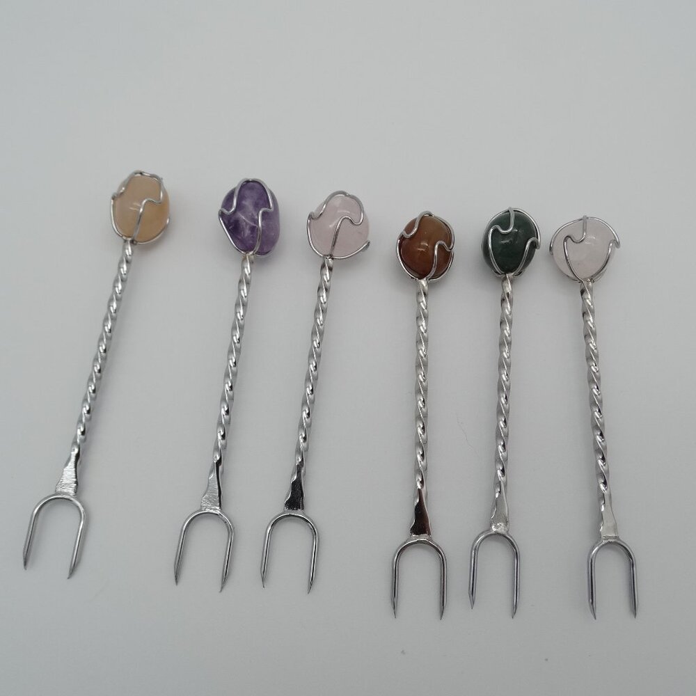 Set of 6 Vintage Silver Tone Cage Stone Cocktail/Hors D'Oeuvre Forks Mid Century